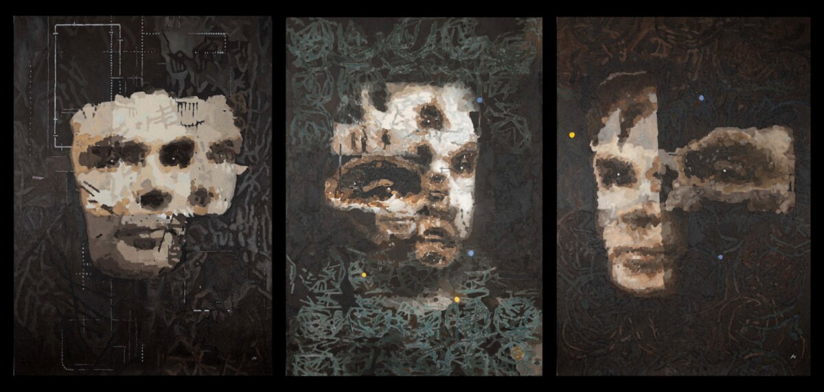 A triptych of AI-made portraits of Alan Turing by Ai-Da.