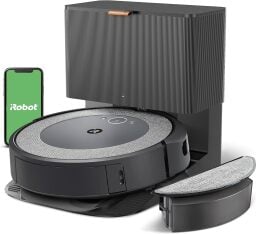 iRobot Roomba Combo i5+ robot vacuum on self-empty dock and smart phone with green iRobot app screen