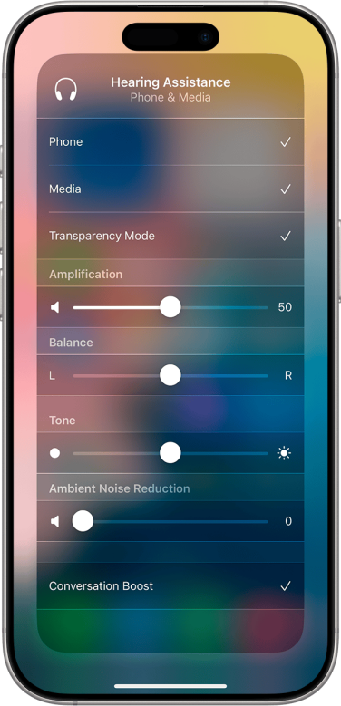 Hearing Assistance control panel under an iPhone's Control Center, featuring several sliding bars to adjust settings.