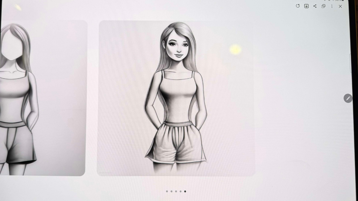 A picture of a girl enhanced by Samsung's Sketch to Image AI tool. She is wearing a tank to and shorts, and has a full face of makeup on.