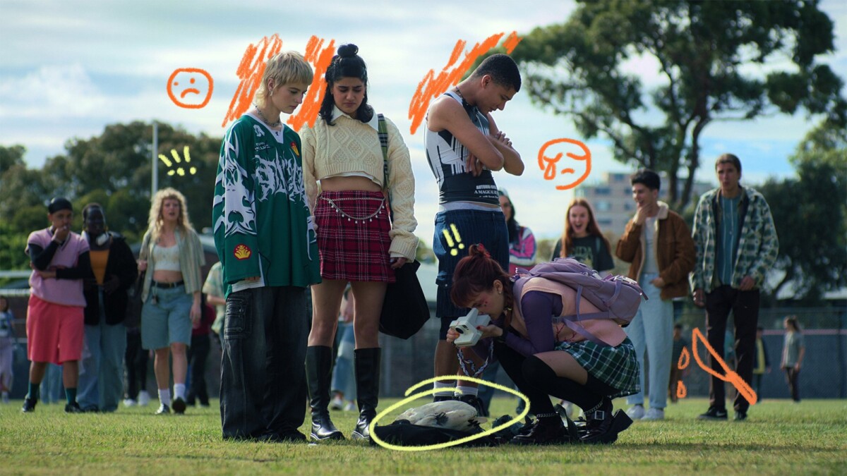 (L to R) Asher Yasbincek as Harper, Ayesha Madon as Amerie, James Majoos as Darren, Chloe Hayden as Quinni in "Heartbreak High" Season 2.