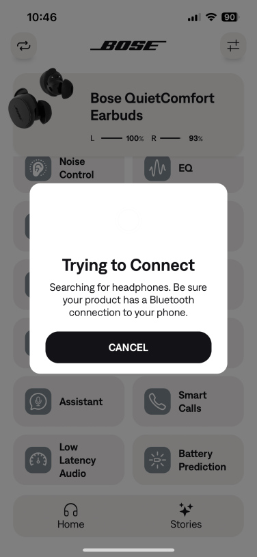 screenshot of bose app with window "trying to connect"