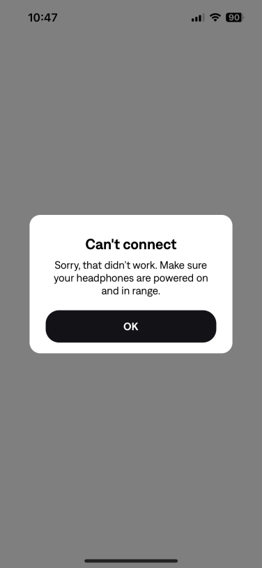 screenshot of bose app with "Can't connect" window