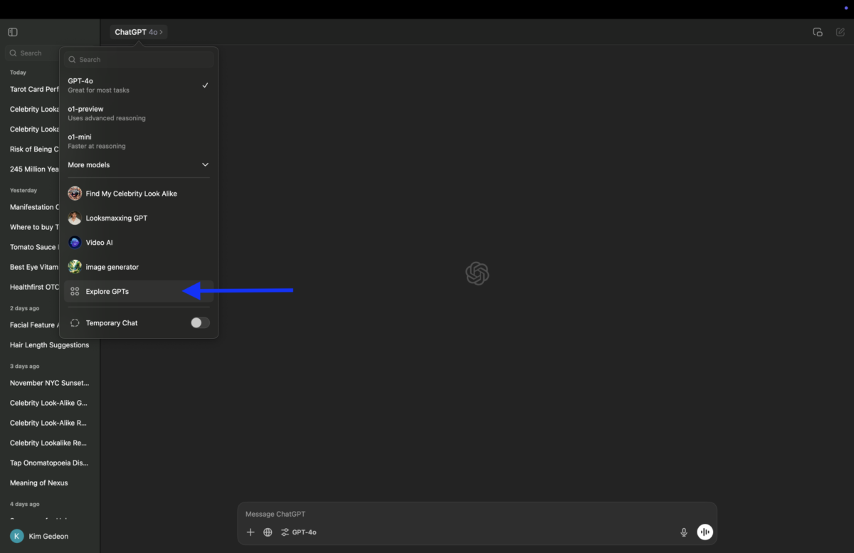 Explore GPTs menu item in ChatGPT