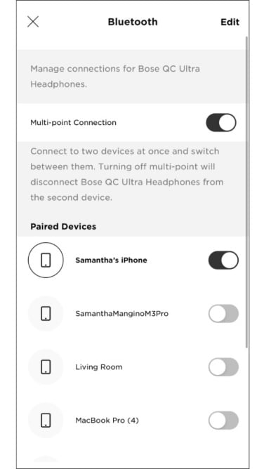 multipoint pairing menu in the regular bose app