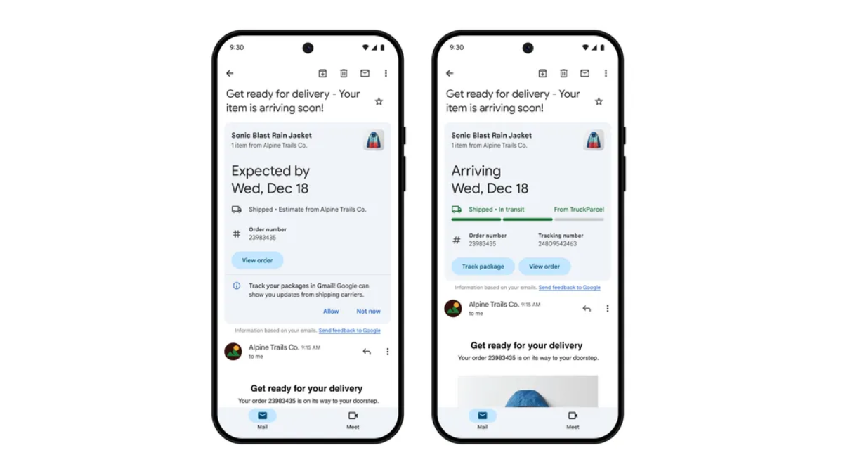 Smartphones displaying Gmail's package tracking feature