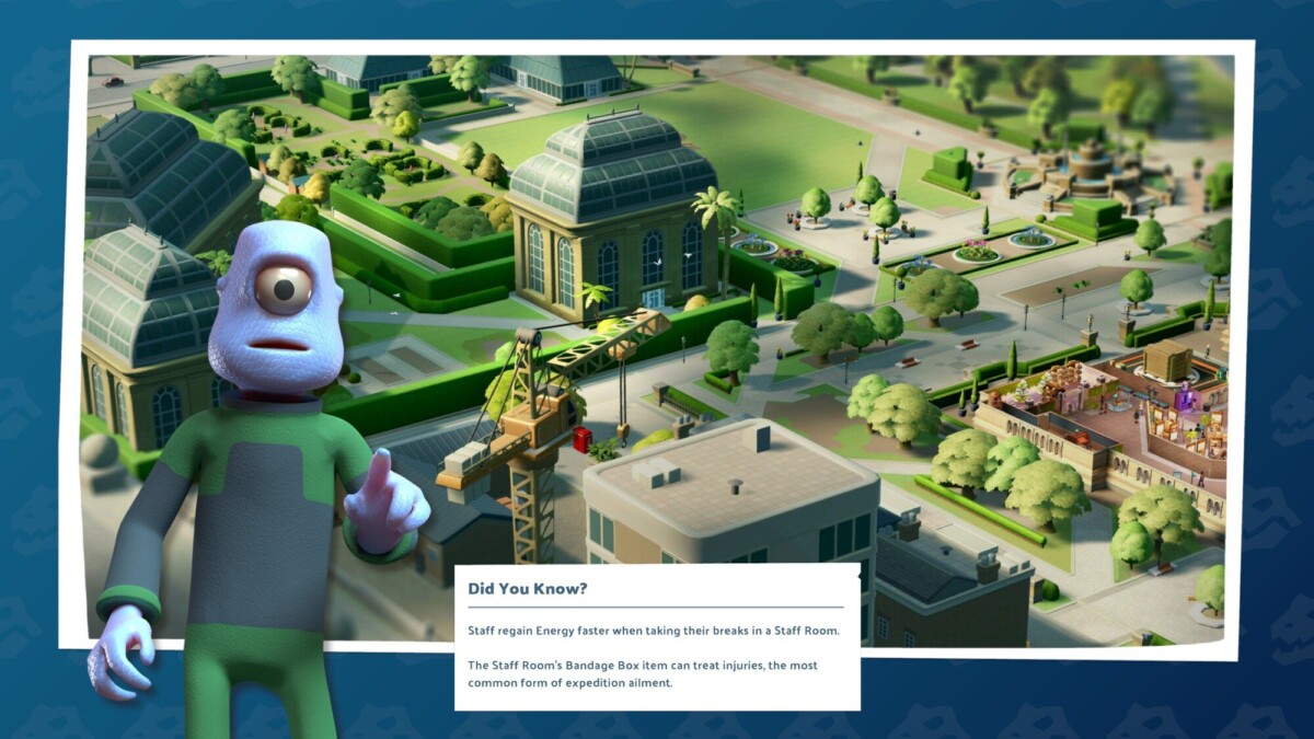 A loading screen in "Two Point Museum" that shows a one-eyed blue humanoid that appears to be an alien.