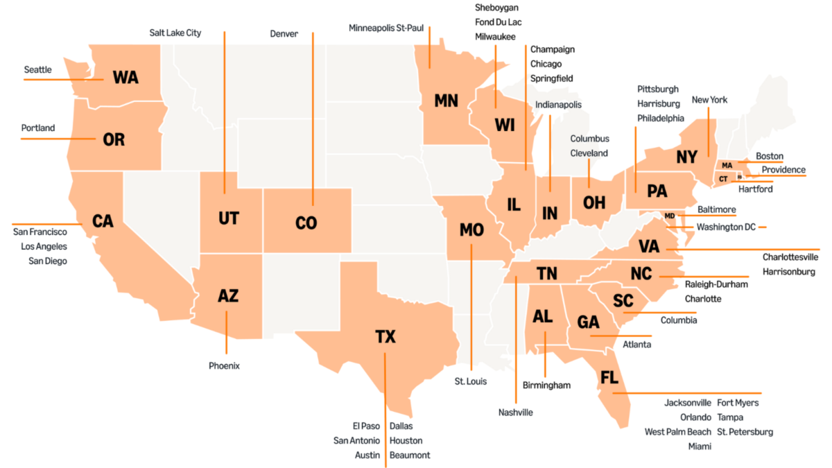 A map of the U.S. labelling the areas where Amazon Autos is available.