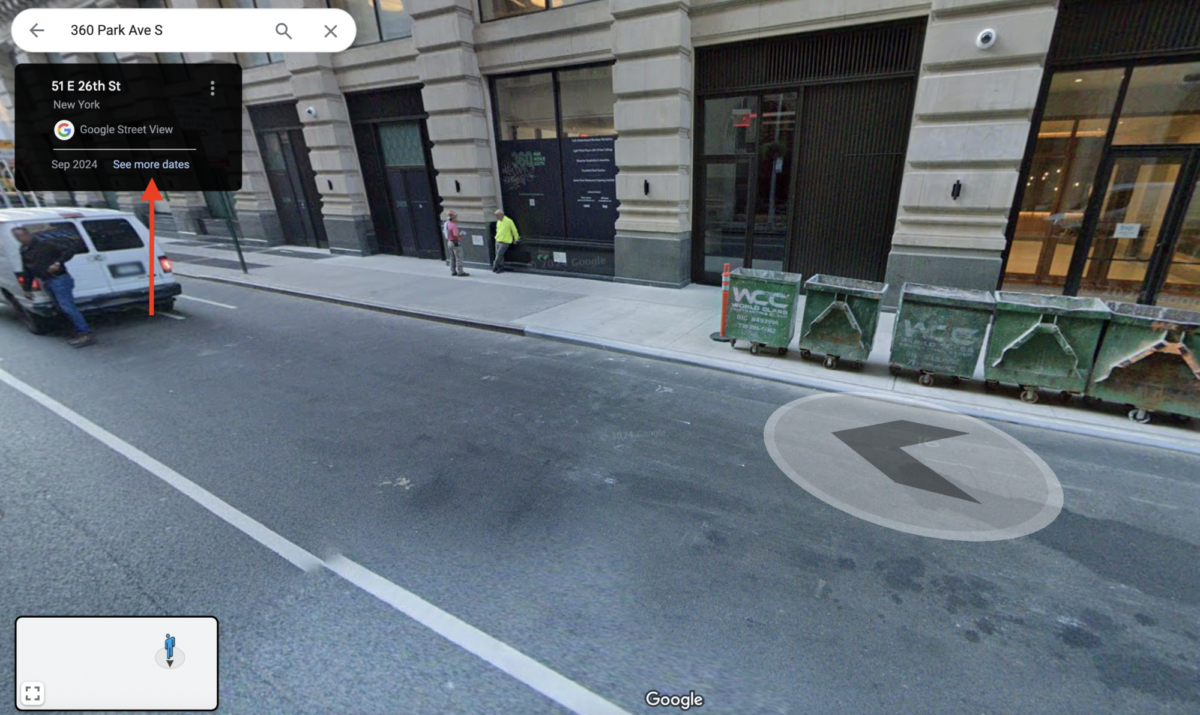 screenshot of 360 park ave s image on google streetview with red arrow pointing at "see more dates" option