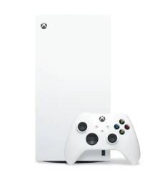 A white Xbox Series X and one controller appear on a white void.