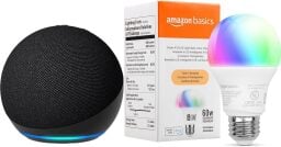 Echo Dot next to Amazon Basics smart bulb