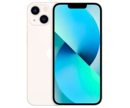 Two iPhone 13s appear on a white background facing different ways, one shows a teal screen with an abstract design while the other shows its cameras.