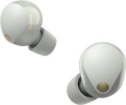 Pair of white earbuds