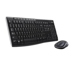 A black Logitech mouse and keyboard appear on a white background.