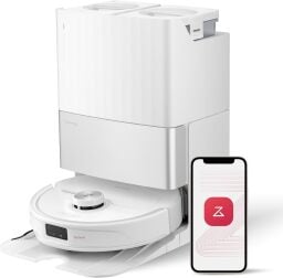 White Roborock Qrevo robot vacuum on self-empty dock and smartphone with Roborock logo on screen