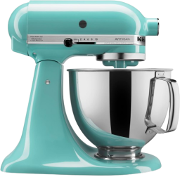 a kitchenaid stand mixer with bowl in an aqua sky colorway