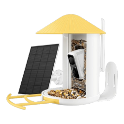 a yellow colored netvue birdfy smart bird feeder with included solar panel