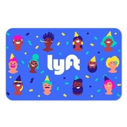 blue Lyft gift card with illustrated people wearing party hats