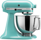 a kitchenaid stand mixer with bowl in an aqua sky colorway