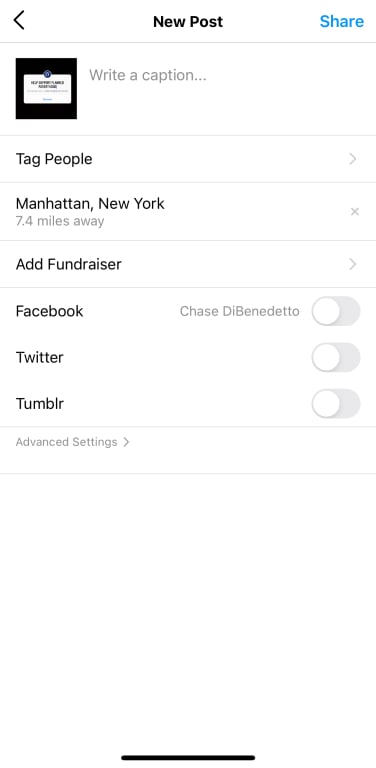 A screenshot of the Instagram app while making a new post.