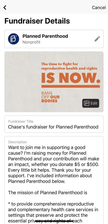 A screenshot of the Facebook fundraiser details screen, where users can edit campaigns.. 