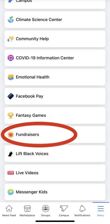 A screenshot of the Facebook profile menu, with a red circle around the fundraisers section.