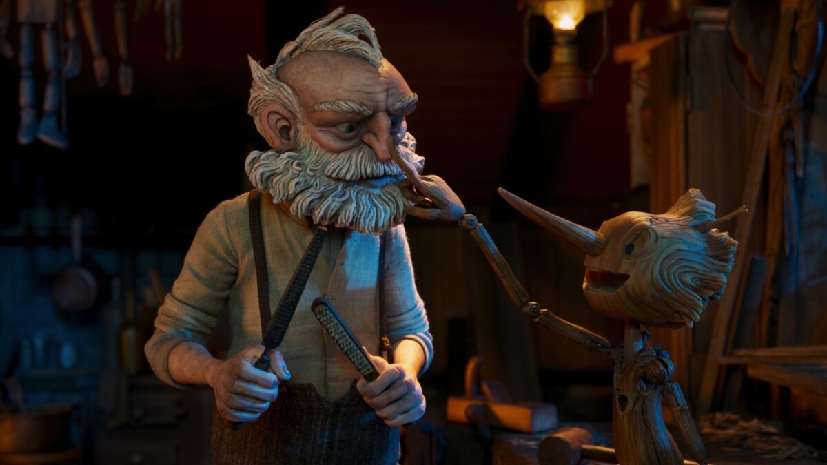 Gepetto (voiced by David Bradley) and Pinocchio (voiced by Gregory Mann) in "Guillermo del Toro's Pinocchio."