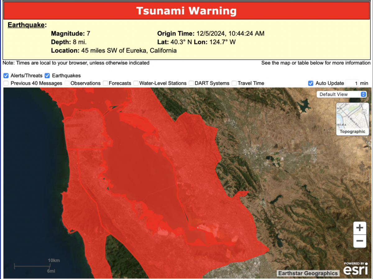 The Tsunami Warning map that includes the San Francisco Bay Area. 