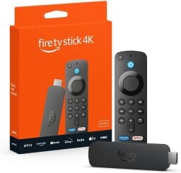 amazon fire tv stick 4k packaging on the left and streaming stick on the right against a white background