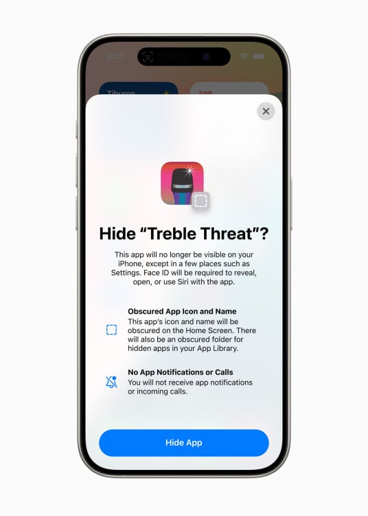 An app window on iOS 18 showing the option hide an app called "Treble Threat" from the iPhone home screen