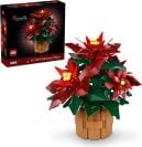 Lego poinsettias appear in a basket next to their packaging.