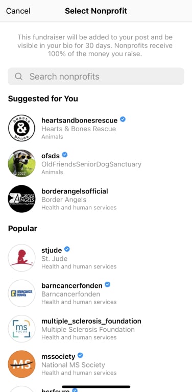 A screenshot of the Instagram app's post settings, showing how to select a nonprofit to support.