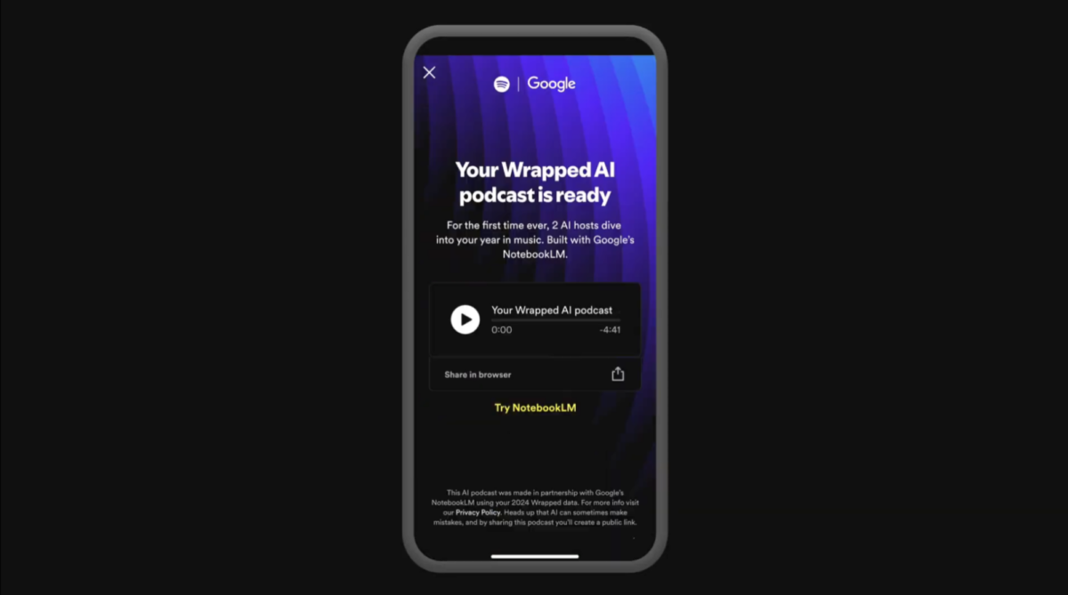 A phonescreen with the Spotify app on the Wrapped AI Podcast page