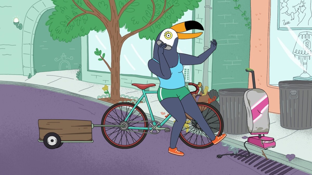 An illustration of a bird with a female human lower body riding a bike, stopping to talk on her cell phone.