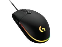 A lit up Logitech G203 mouse appears on a white background.