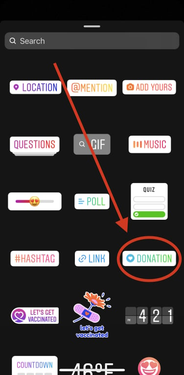 A screenshot of the Instagram stickers menu, with a red circle around the donation sticker.