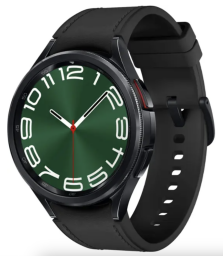 Black stainless steel Samsung Galaxy Watch6 with green face and clock on screen