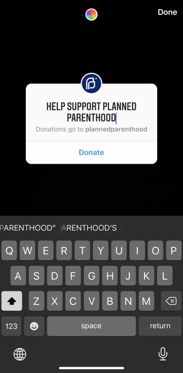 A screenshot of the Instagram donation sticker edit screen.