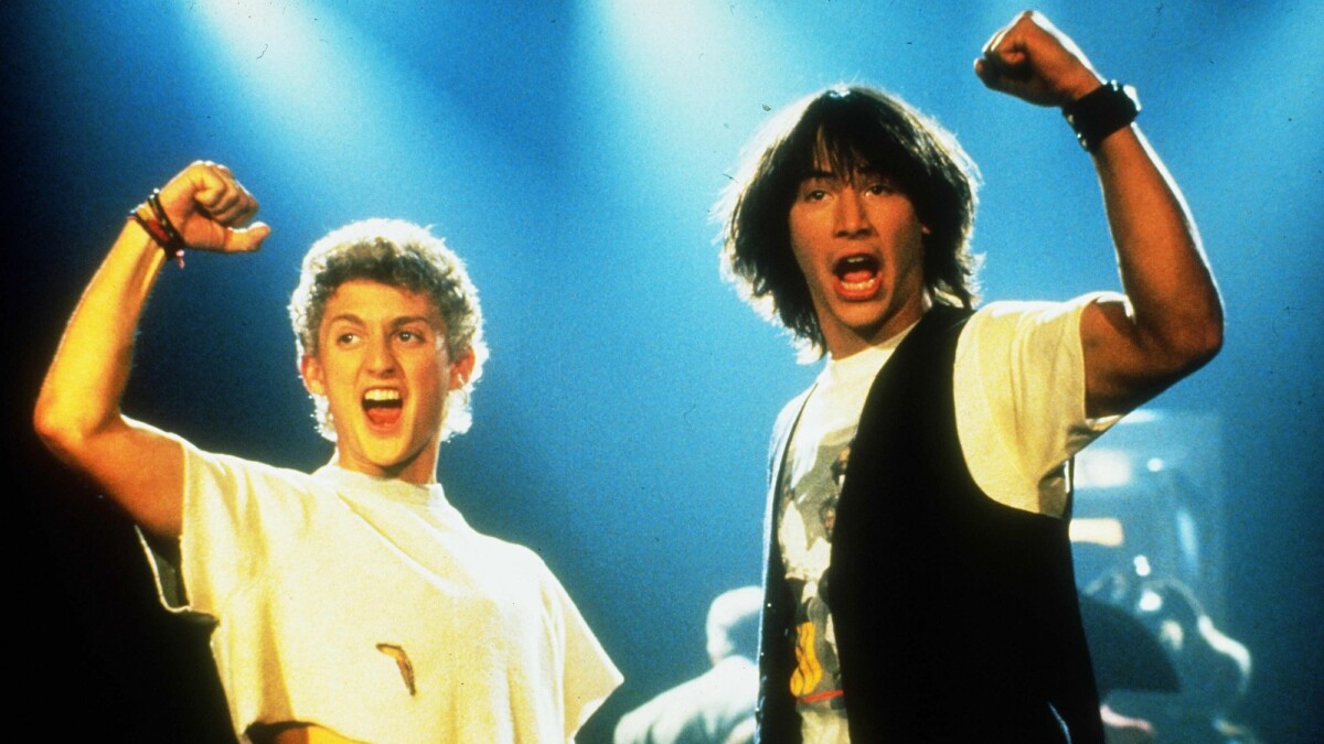 Alex Winter and Keanu Reeves rock out in "Bill and Ted's Excellent Adventure."