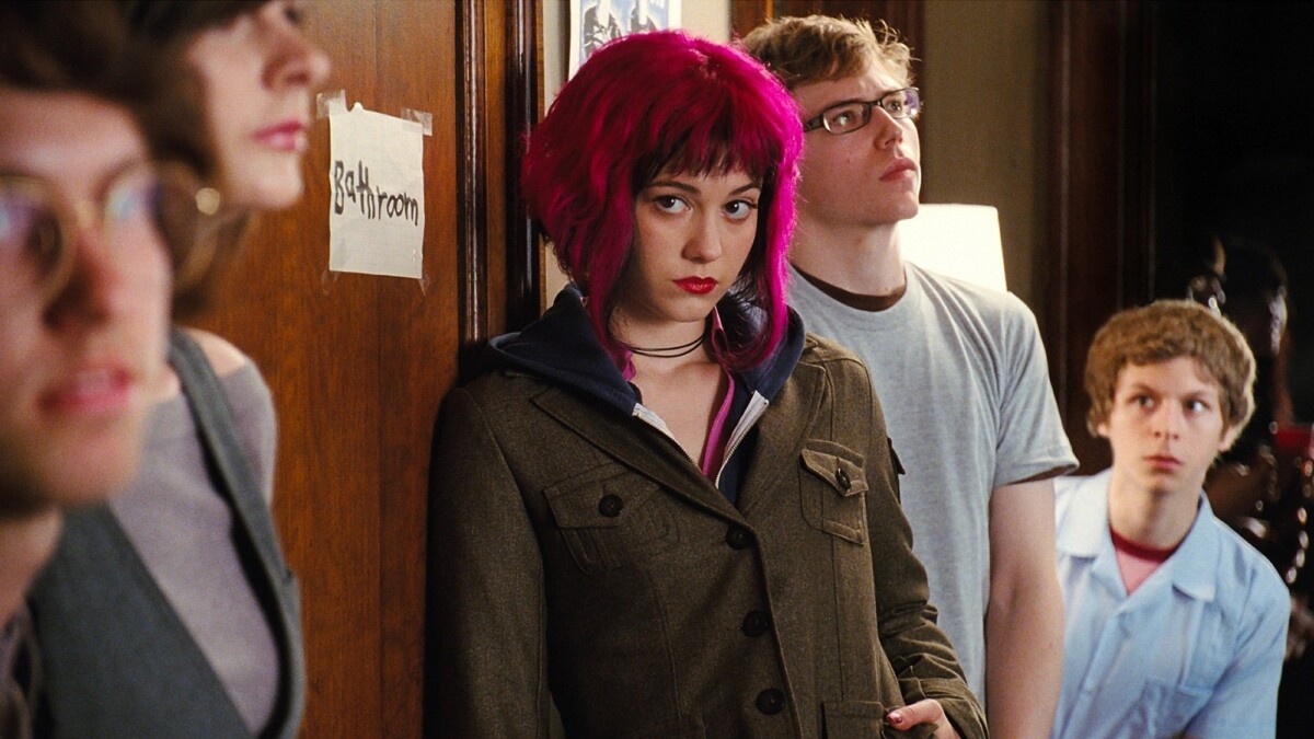 Mary Elizabeth Winstead and Michael Cera fall in love in "Scott Pilgrim vs. the World."