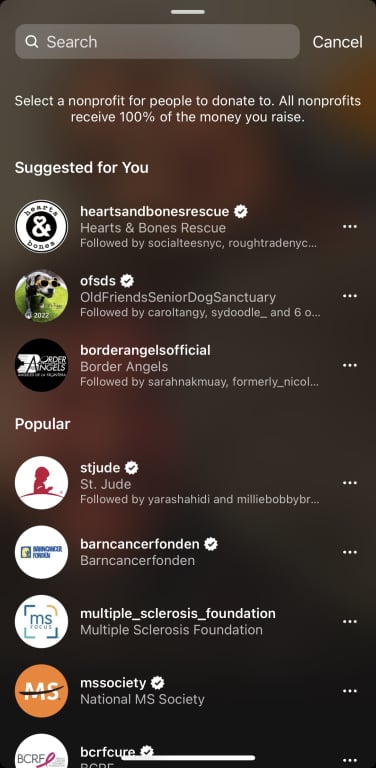 A screenshot of the list of nonprofits Instagram users can choose from when starting an Instagram Live. 