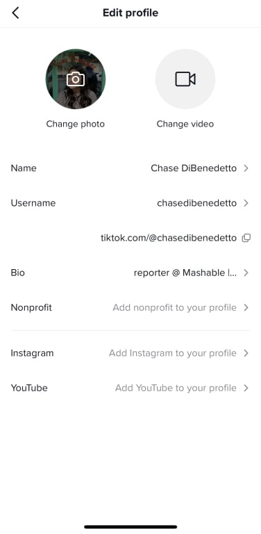 A screenshot of the edit profile page on TikTok.