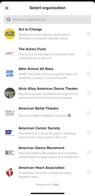 A screenshot of the list of nonprofits you can choose from when supporting an organization on TikTok.