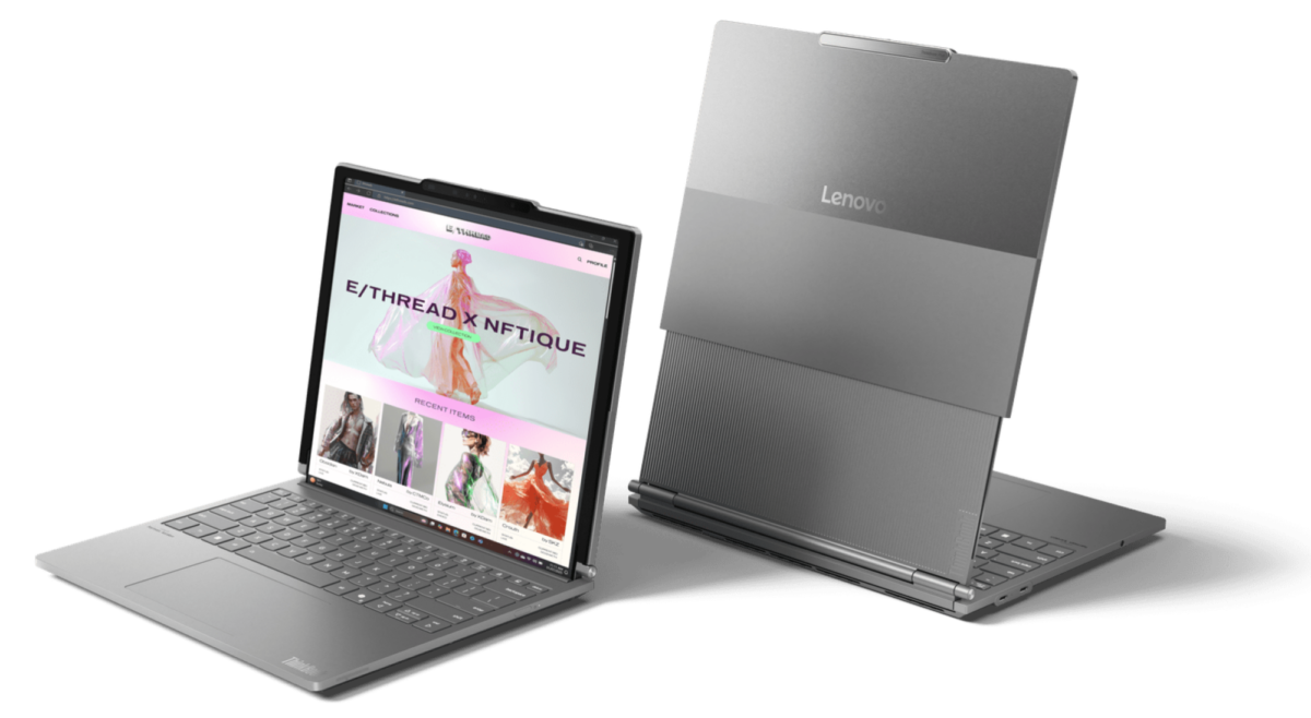 Two laptops side by side show the ThinkBook Plus Gen 6 laptop when extended and not extended. 