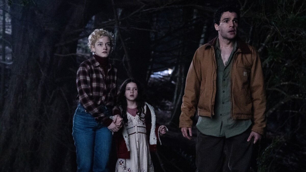 Christopher Abbott, Julia Garner, and Matilda Firth play a family in "Wolf Man."