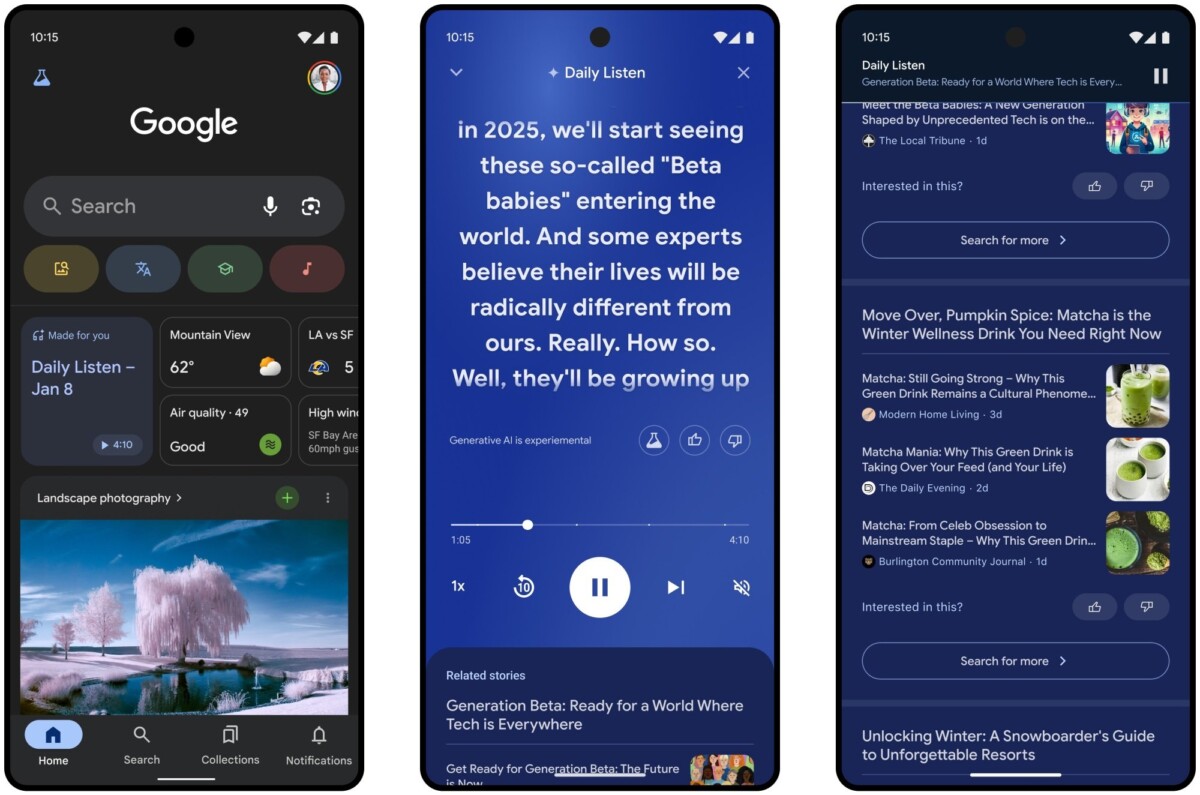 Google's Daily Listen tool in various perspectives on three Android screens