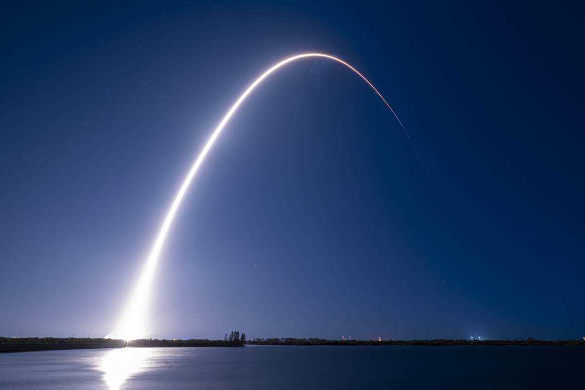 SpaceX Falcon 9 rocket carrying two moon landers launching from Cape Canaveral, Florida