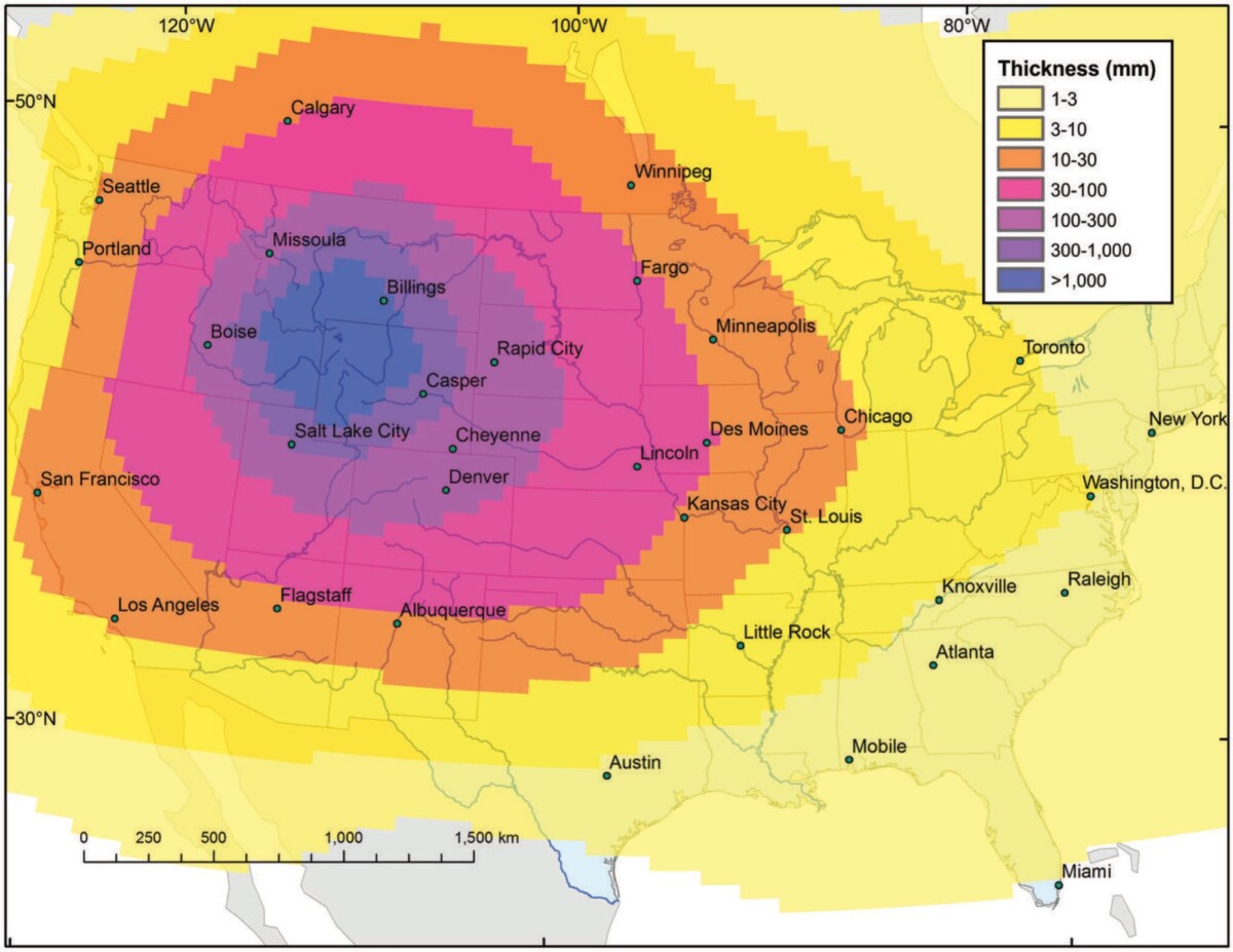 Modeled ashfall from a Yellowstone supereruption. 