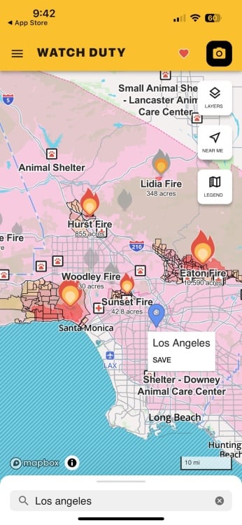 Watch Duty app screenshot showing the wildfires in Los Angeles