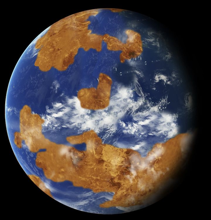 A conceptual illustration showing expansive oceans on Venus long ago.